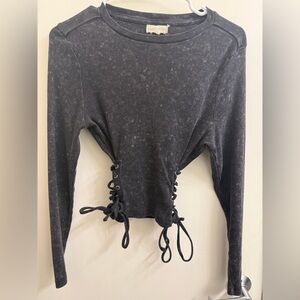 Washed Black Corset Long Sleeve Crop Top